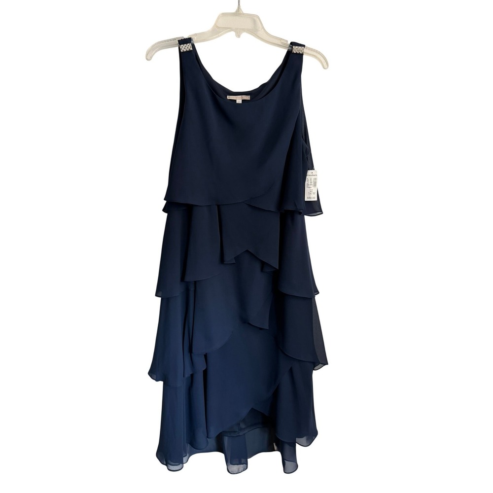 Signature Tessa Navy Blue Tiered Dress Cocktail Chiffon Rhinestone 14W NWT